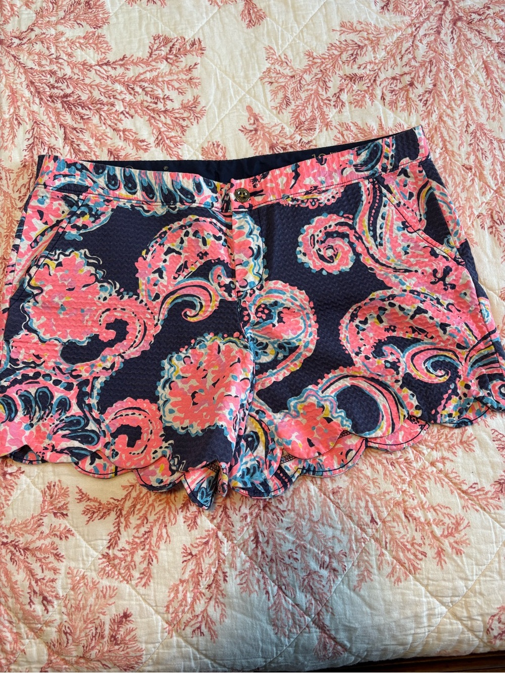 Lilly Pulitzer Navy and Pink Paisley Scalloped Shorts